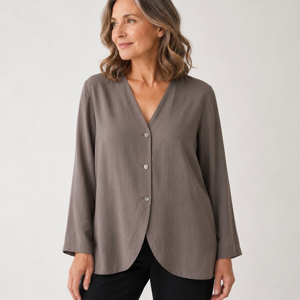 Eileen Fisher Silk Cardigan Jacket Gray S/M V neck 90s New York VTG Minimalist